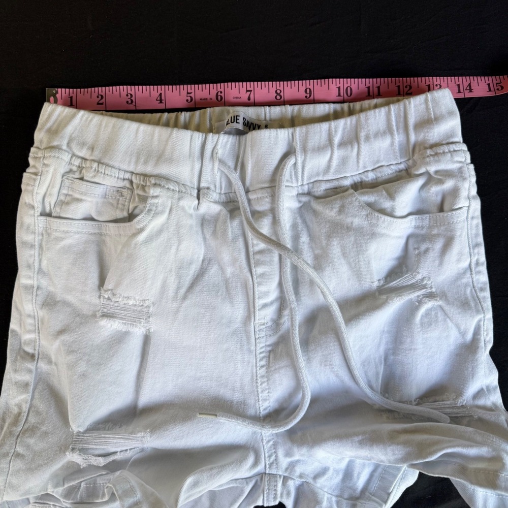 Blue Savvy Womens White Distressed Denim Shorts Elastic Drawstring Waist 7/28 - Picture 4 of 8